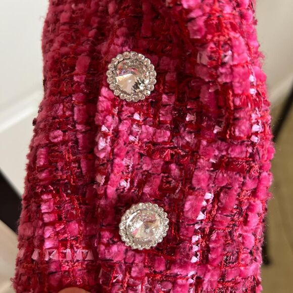 Lulu’s Preppy Perfection Pink Boucle Rhinestone Button Cropped Blazer - Picture 6 of 6